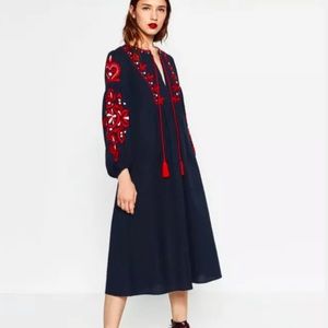 Zara embroidery navy dress